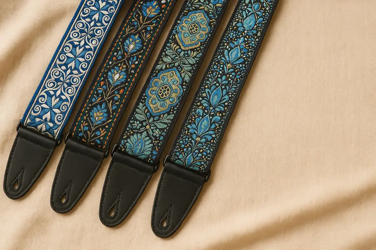 Fretweave hand-embroidered vintage ukulele strap with leather ends
